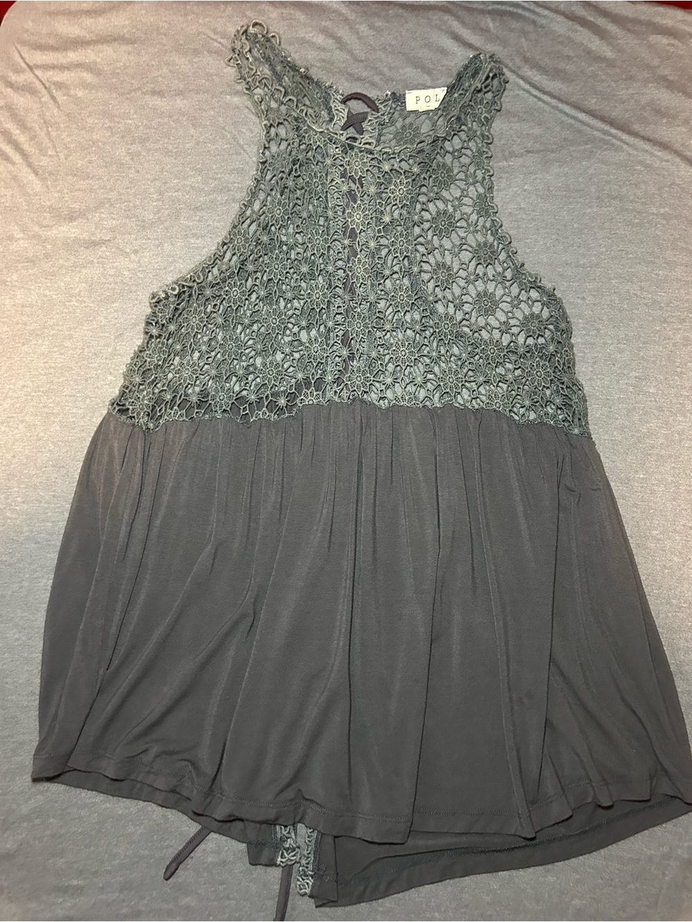 POL Crochet Yoke Sleeveless Tank with Open Back and Tie feature in Gray